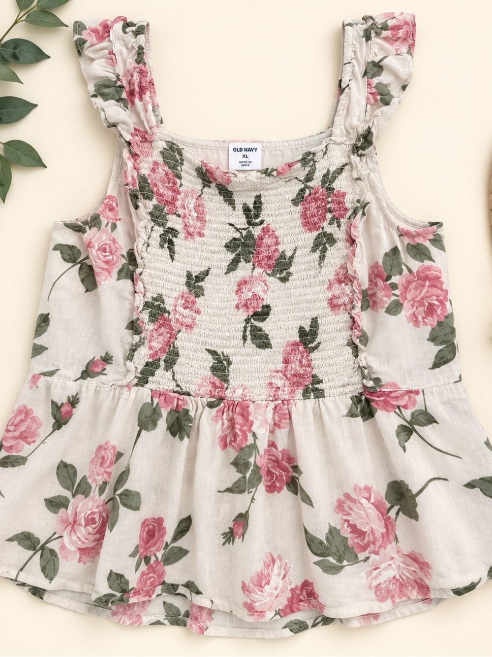 Old Navy Floral Smocked Peplum Top XL Pink Rose Ruffle Strap Cottagecore